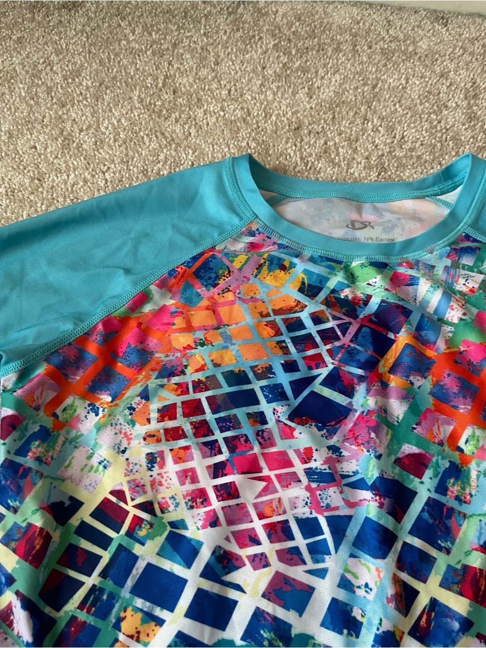 Women’s Long Sleeve Teal Swim Shirt with Multicolor Grid Print - Picture 2 of 3
